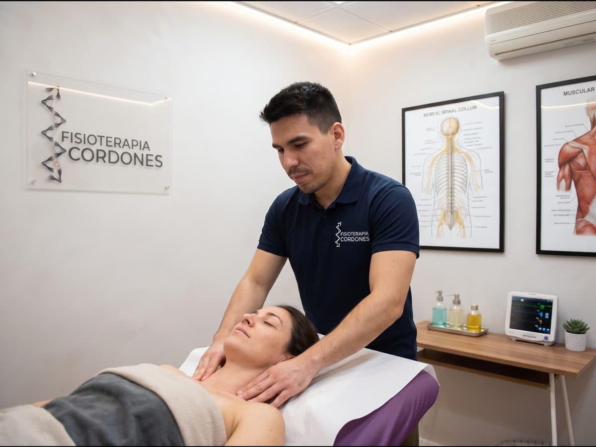 Diego Cordones realizando drenaje linfático manual en el cuello de una paciente en su clínica de Chamberí, Madrid