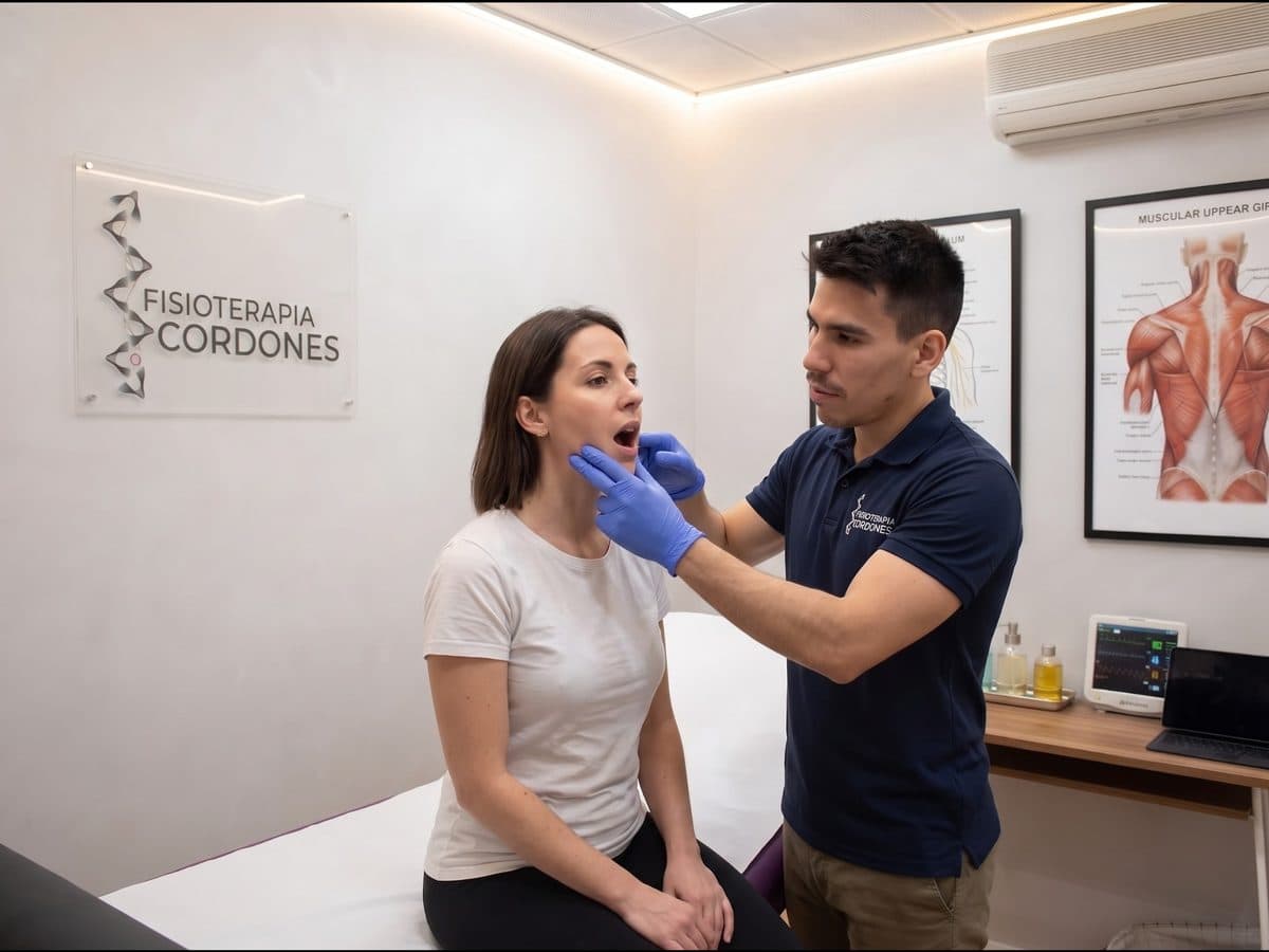 Diego Cordones valorando la apertura de la mandíbula de una paciente en su clínica de Chamberí, Madrid