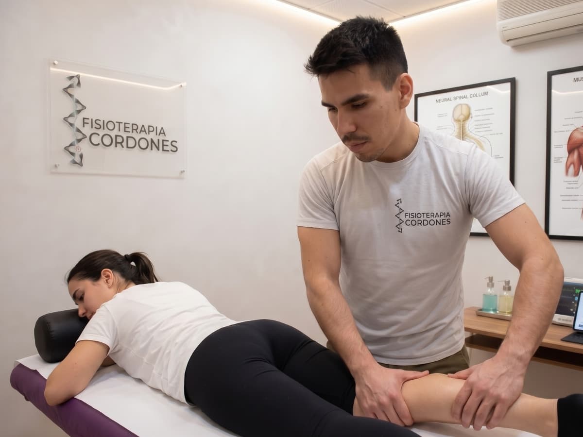 Diego Cordones tratando la pierna de una paciente en su clínica de fisioterapia en Madrid
