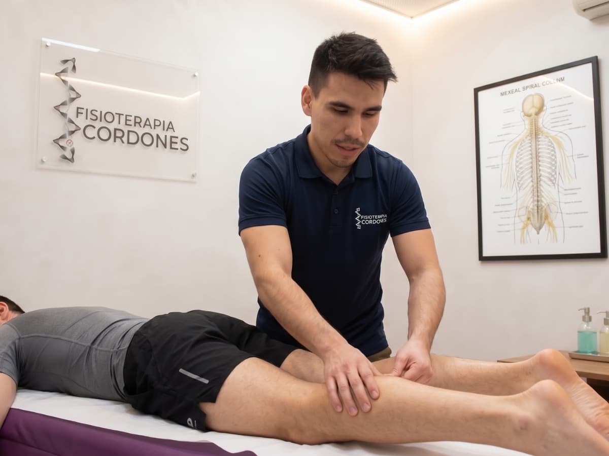 Diego Cordones realizando terapia manual en la pierna de un deportista en su clínica de Chamberí, Madrid