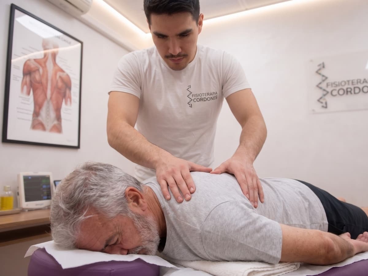 Diego Cordones tratando la espalda de un paciente deportista en su clínica de fisioterapia en Madrid