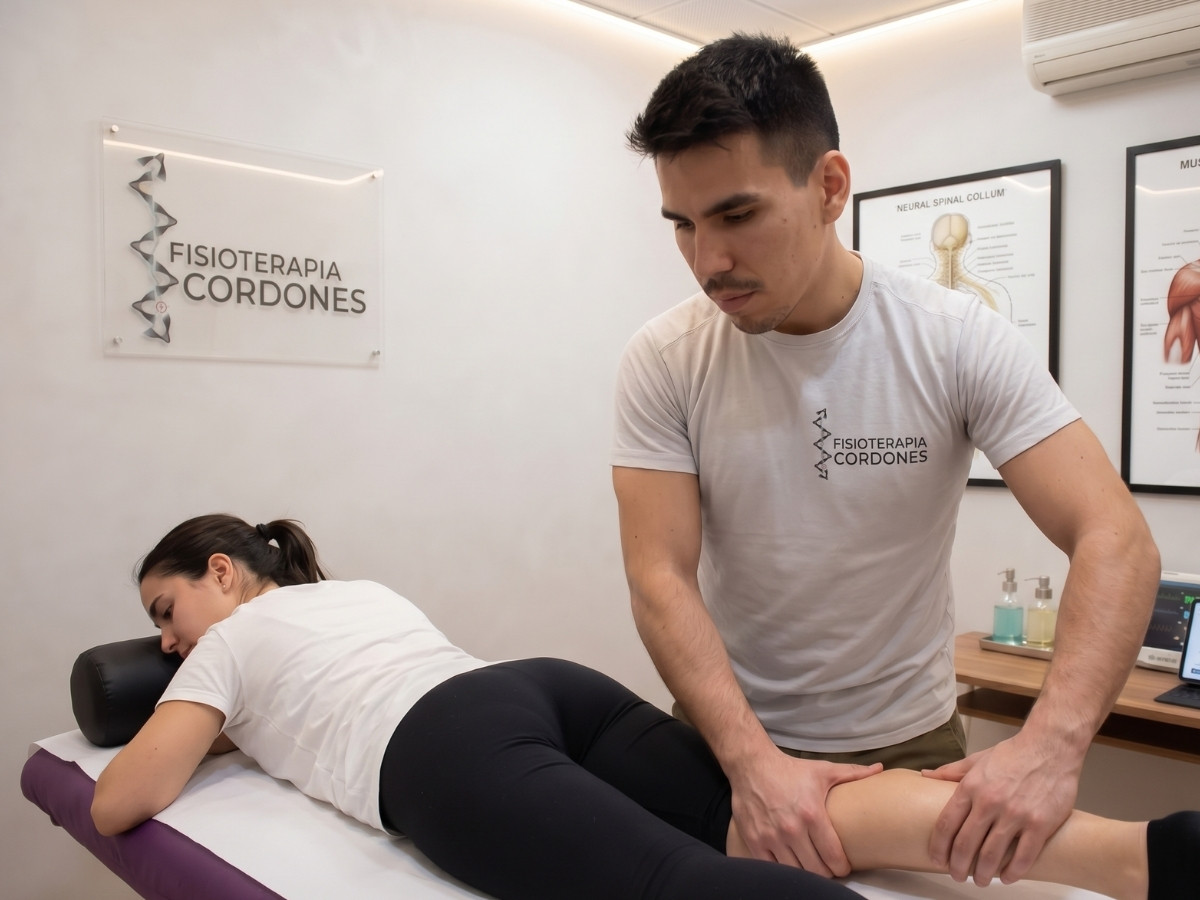 Diego Cordones tratando la pierna de una paciente en su clínica de fisioterapia en Madrid