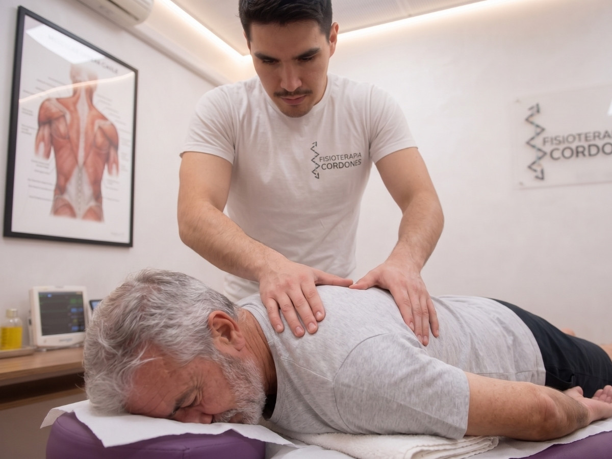 Diego Cordones tratando la espalda de un paciente deportista en su clínica de fisioterapia en Madrid