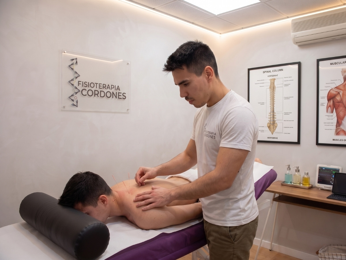 Diego Cordones aplicando punción seca en la espalda de un paciente en su clínica de Chamberí, Madrid